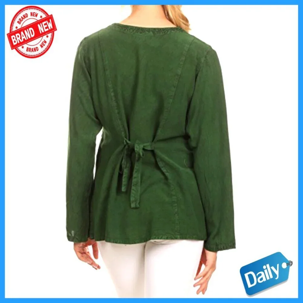 Long Sleeve Blouse with Adjustable Back Straps, 100% Rayon, Button Front
